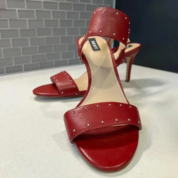 DKNY Shoes - NEW DKNY 3” Red Leather Heels, size 10 Sandals, silver accents